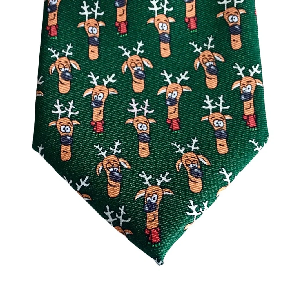 Wembley Quirky Reindeer Green Holiday Print Tie